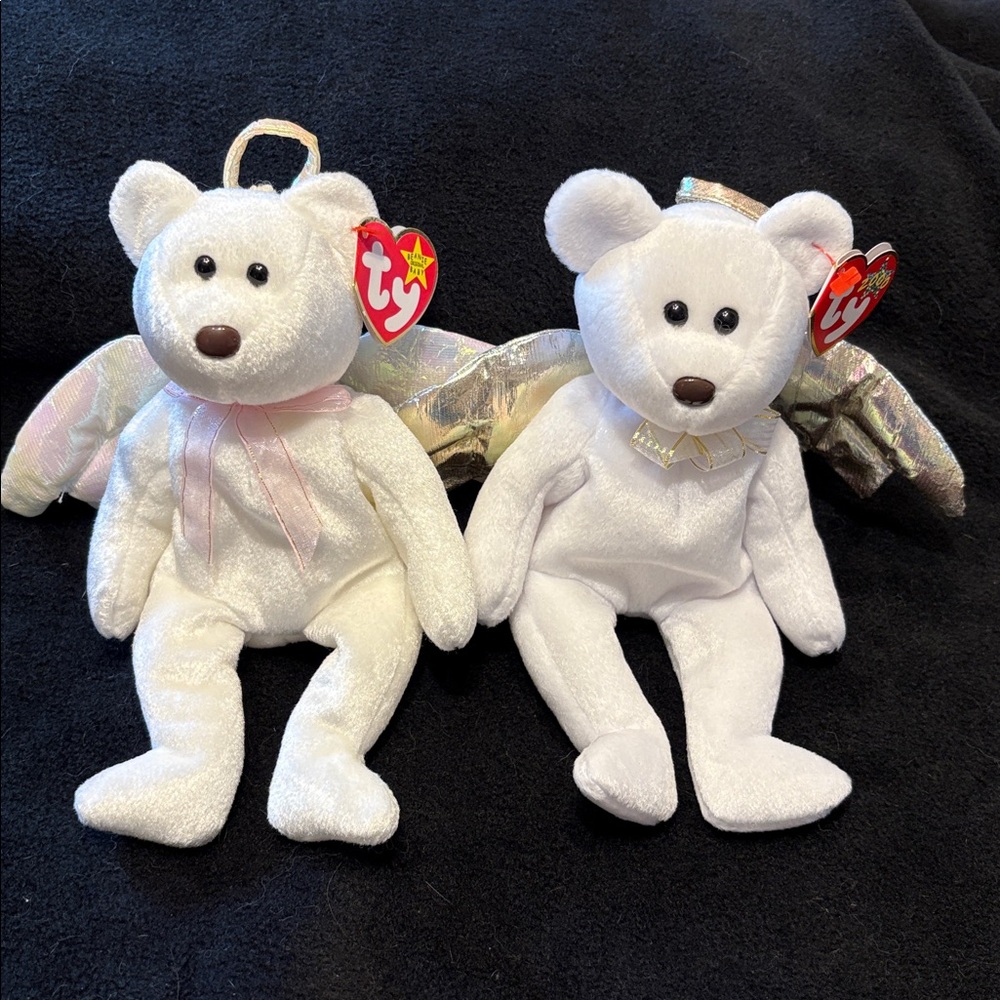 Vintage Ty Beanie Baby Halo Angel Bear 1998 & Halo II Angel Bear 2000